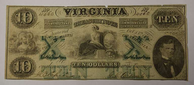 October 15th 1862 $10 Virginia Treasury Note, Circulated.