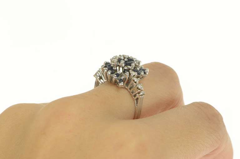 14K White Gold 1.55 Ctw Sapphire Diamond Swirl Retro Statement Ring