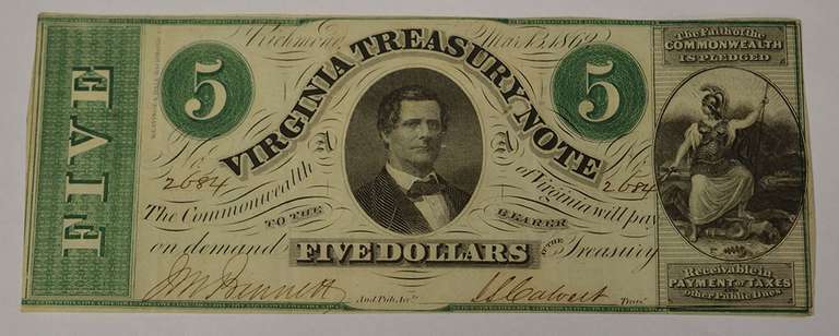 May 13th 1862 $5 Virginia Treasury Note, Circulated.
