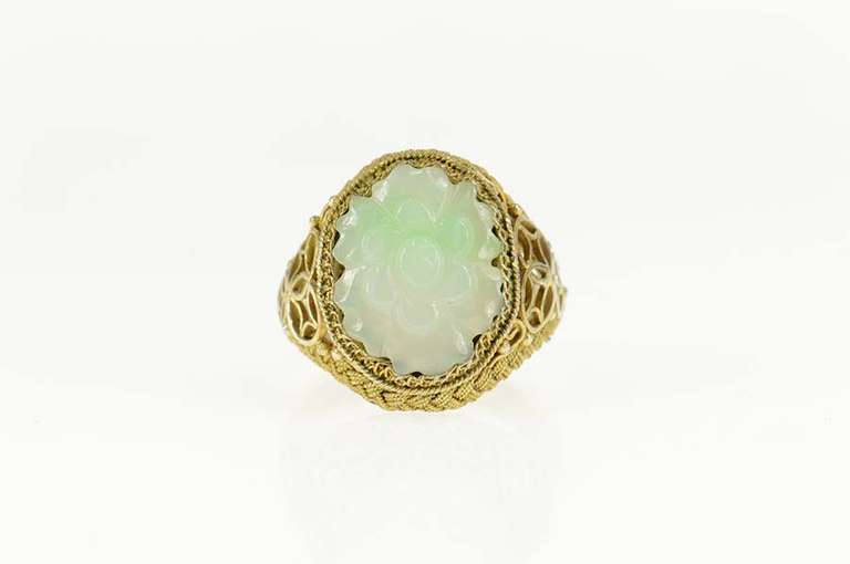 Silver Carved Floral Jade Ornate Woven Filigree Ring