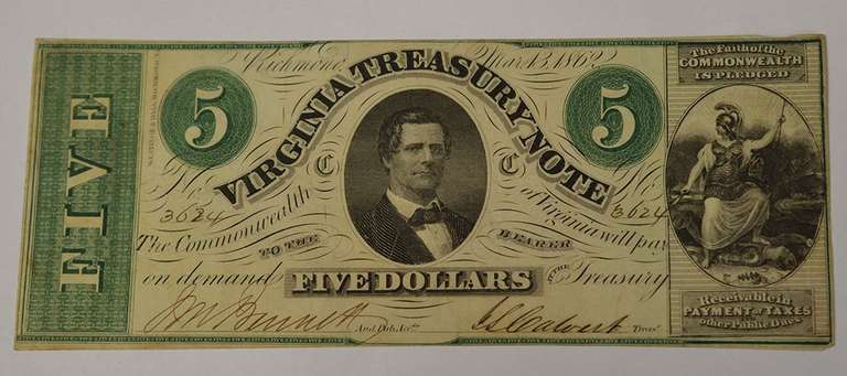 May 13th 1862 $5 Virginia Treasury Note, Circulated.