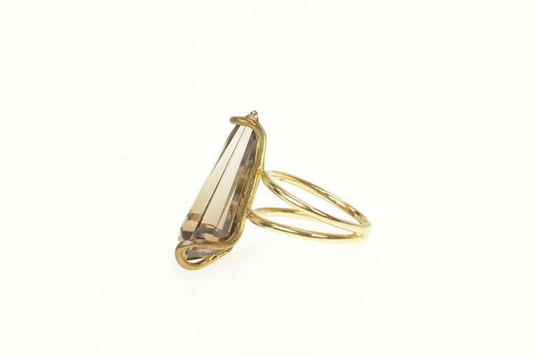 14K Yellow Gold 1960's Smoky Quartz Fantasy Cut Cocktail Ring