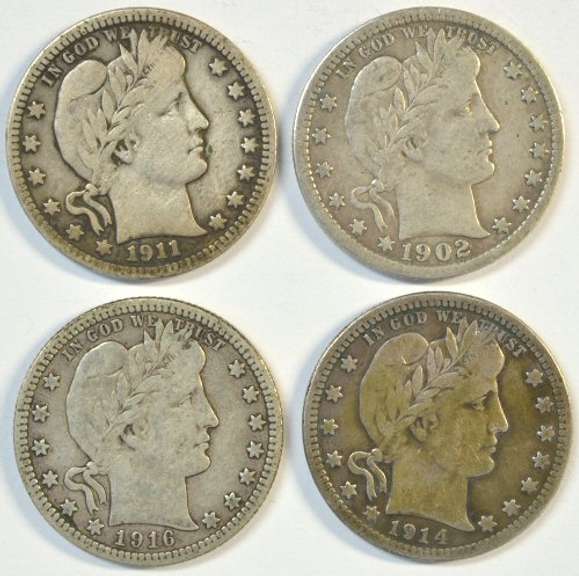 4 Nice Barber Head Quarters: 1902, 1911, 1914-D, & 1916-D
