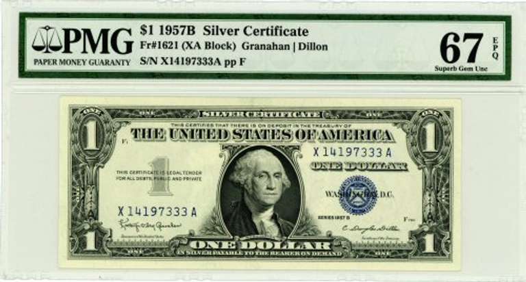 1957-B $1 US Silver Certificate in PMG 67