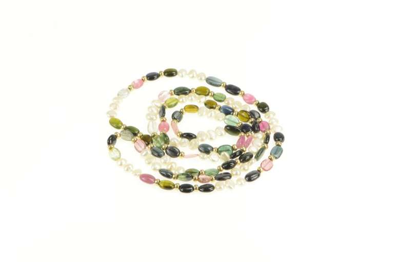 14K Yellow Gold Watermelon Tourmaline Pearl Beaded Statement Necklace