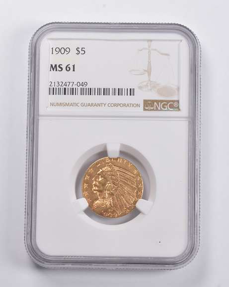 MS61 1909 $5 Indian Head Gold Half Eagle NGC