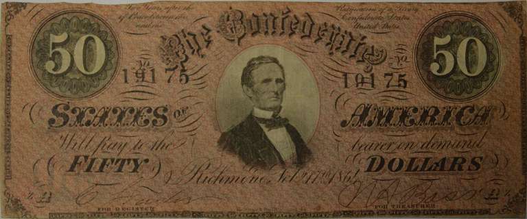 February 17th 1864 Confederate $50 CS-66, Circulated.