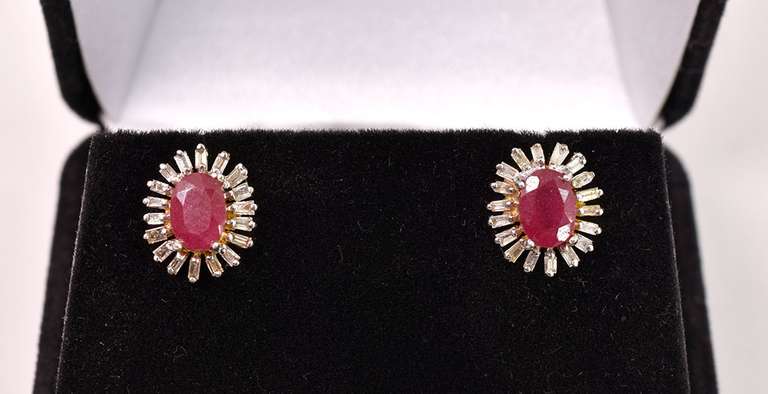 Ravishing 2.50CTW Ruby & 0.45CTW Diamond Earrings in Gold Plated Sterling Silver