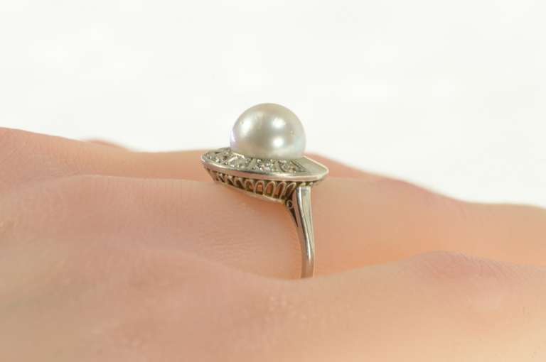 14K White Gold 1950's Pearl Diamond Semi Halo Engagement Ring