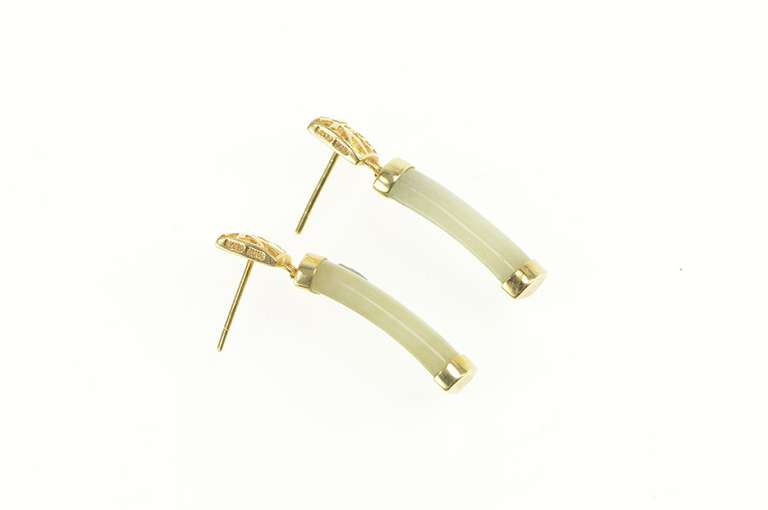 14K Yellow Gold Squared Jade Dangle Drop Chinese Character Earrings