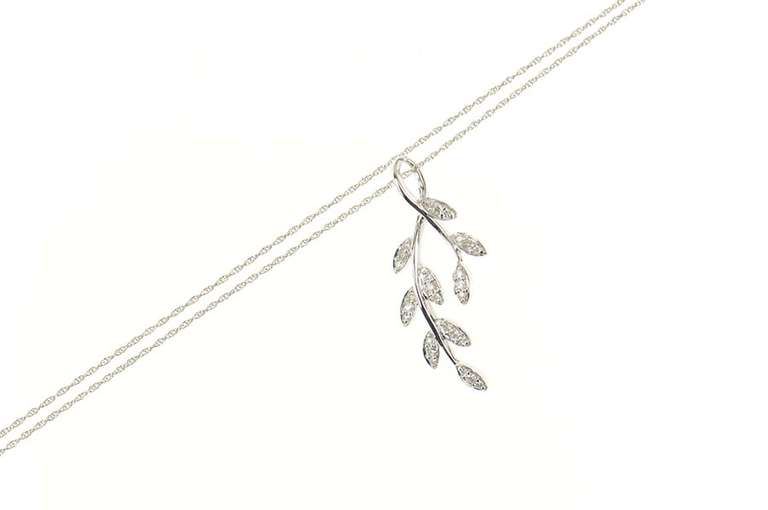14K White Gold 0.28 Ctw Diamond Encrusted Leaf Branch Vine Necklace
