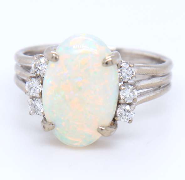 Lovely White Gold Created Opal and Diamond Ring
