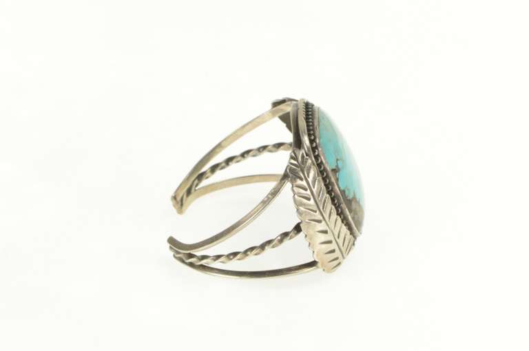Sterling Silver Ornate Turquoise Leaf Feather Native American Bracelet