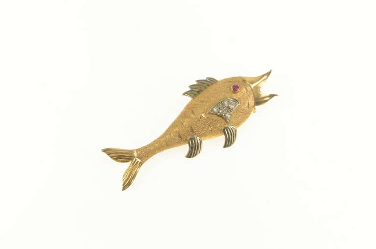 14K Yellow Gold 1930's Diamond Syn. Ruby Eyed Fish Unique Pin/Brooch