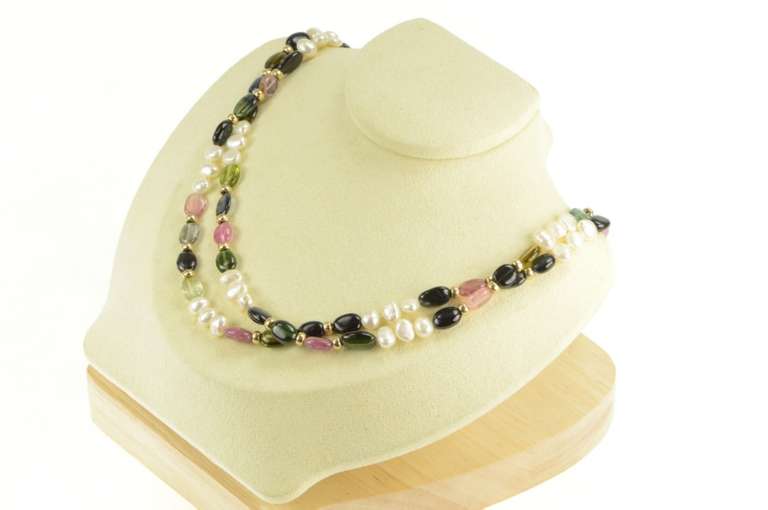 14K Yellow Gold Watermelon Tourmaline Pearl Beaded Statement Necklace