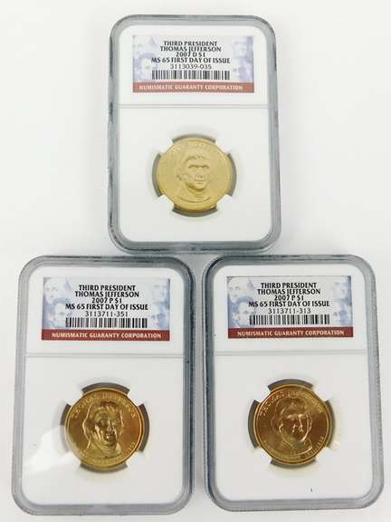 3 Thomas Jefferson 1st Day Issue Dollars, Graded