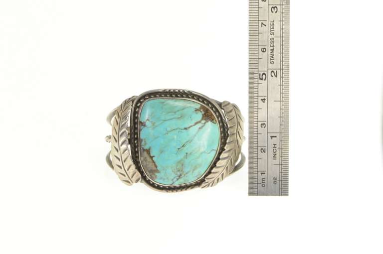 Sterling Silver Ornate Turquoise Leaf Feather Native American Bracelet