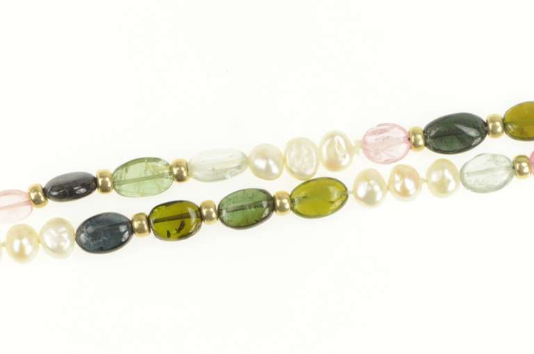 14K Yellow Gold Watermelon Tourmaline Pearl Beaded Statement Necklace