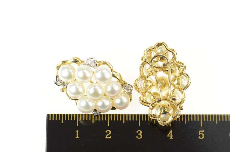 14K Yellow Gold Ornate Designer Pearl Diamond Cluster Clip Earrings