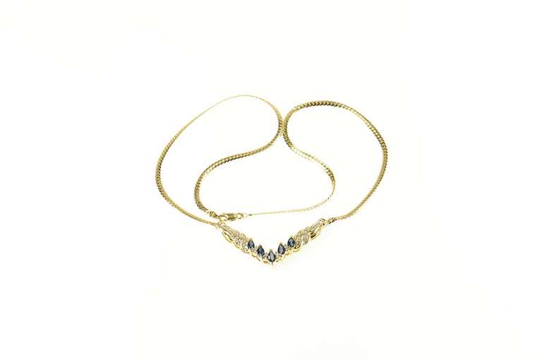 14K Yellow Gold Marquise Natural Sapphire Diamond Chevron Necklace