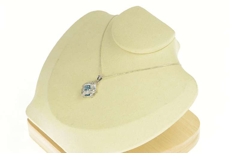 14K White Gold 2.50 Ctw Princess Blue & White Diamond Cluster Pendant
