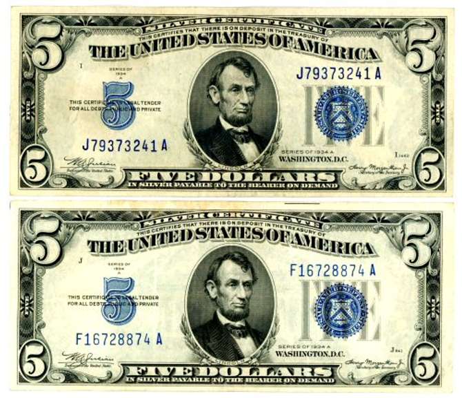2 1934-A $5 Blue Seal Silver Certificates