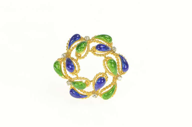 18K Yellow Gold 1950's Green Blue Enamel Domed Paisley Pin/Brooch