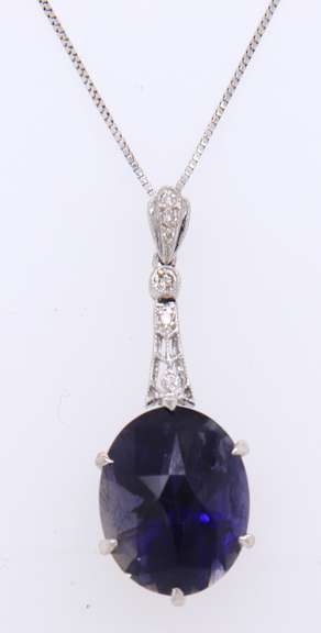 Vintage White Gold Inspired Iolite and Diamond Pendant on Chain