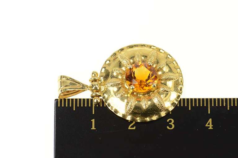 14K Yellow Gold Citrine Ornate Sun Flower Circle Statement Pendant
