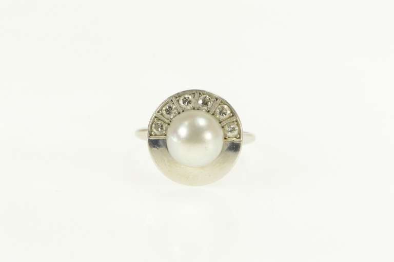 14K White Gold 1950's Pearl Diamond Semi Halo Engagement Ring