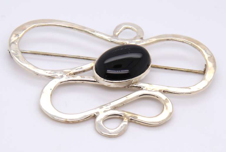 Vintage 925 Sterling Silver Signed Black Onyx Brooch