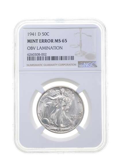 MS65 ERROR 1941-D Walking Liberty Half Dollar - OBV Lamination - NGC