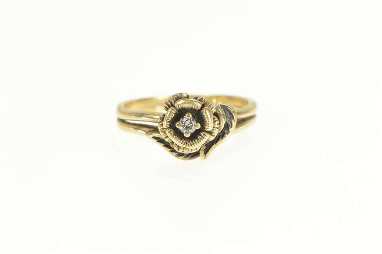 10K Yellow Gold Floral Diamond Rose Solitaire Ring