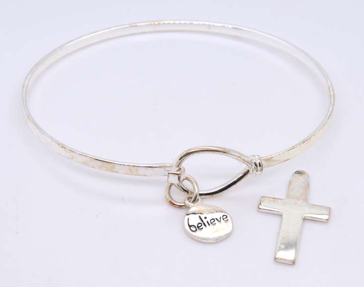 925 Sterling Silver Believe and Cross Charm Bangle