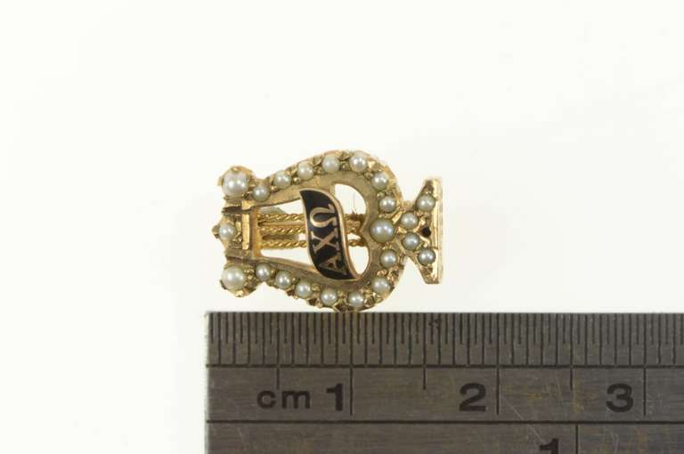 10K Yellow Gold Alpha Chi Omega Enamel Seed Pearl Harp Pin/Brooch