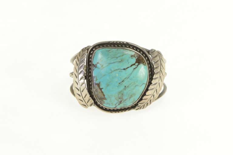 Sterling Silver Ornate Turquoise Leaf Feather Native American Bracelet