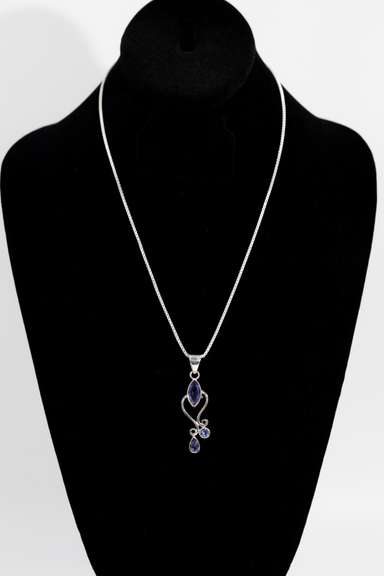 .925 Sterling Silver Pendant w/ Iolite Gem Stones 54mm x 15mm