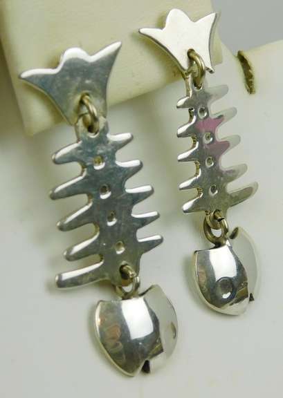 Vintage Mexico Sterling Abstract Fish Earrings