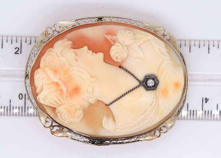Antique Yellow Gold Shell Cameo with Diamond Pendant Brooch