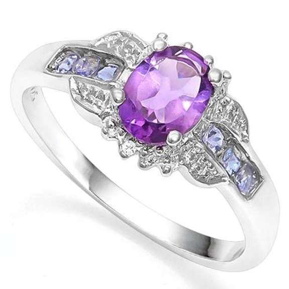 925 STERLING SILVER OVAL CUT 5X7MM AMETHYST & TANZANIITE ENGAGEMENT RING
