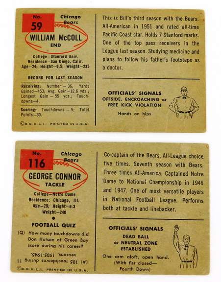 2 Bears 1954 Topps Football Cards