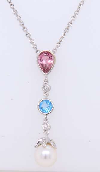 Attractive White Gold Topaz, Pearl and Diamond Dangle Pendant on Chain