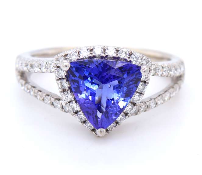 Powerful White Gold Trillion Cut Tanzanite and Diamond Halo Ring