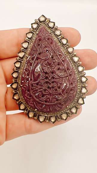 very large Natural Carved Ruby & Diamond Pendant