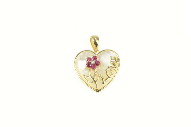 10K Yellow Gold Mother of Pearl Heart Love Ruby Diamond Flower Pendant