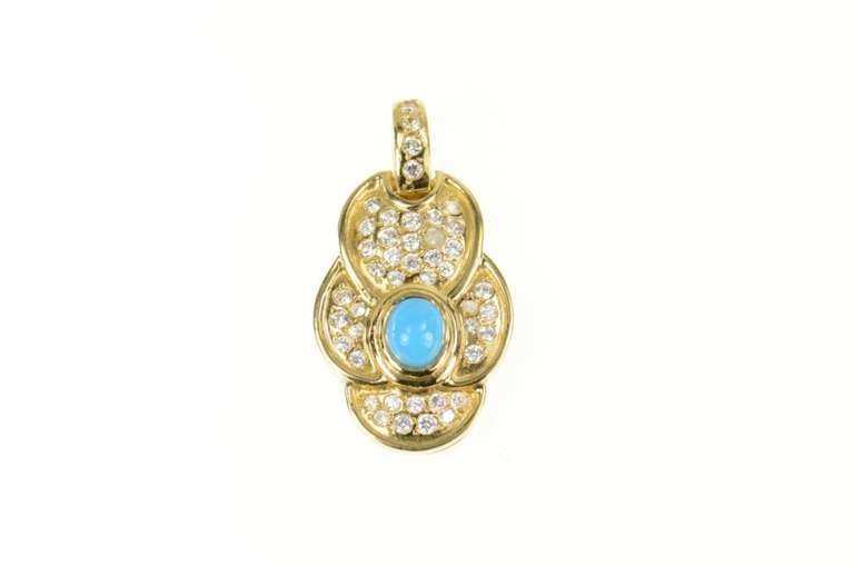 18K Yellow Gold Pave CZ Ornate Turquoise Scalloped Statement Pendant