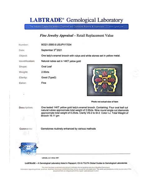 14K YELLOW GOLD DIAMOND, CARVED RUBY & ENAMELED BROOCH