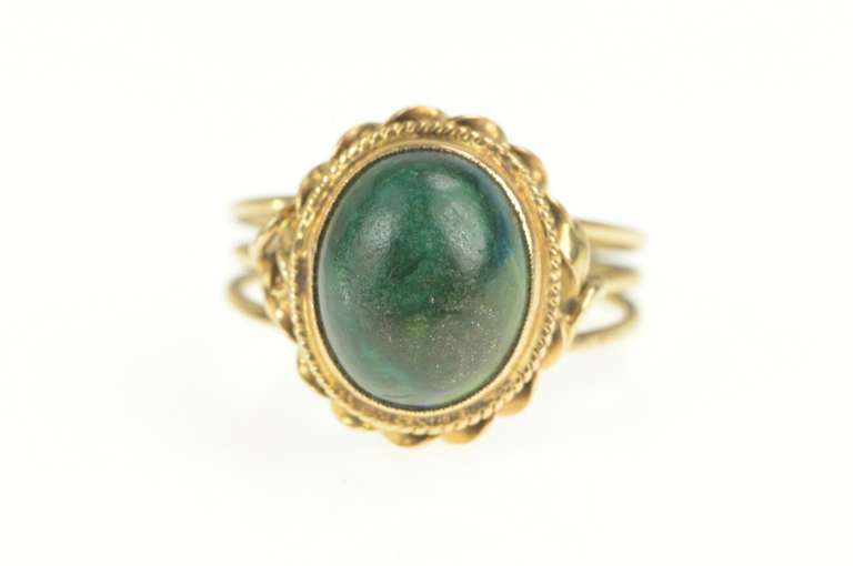 14K Yellow Gold Retro Oval Chrysocolla Cabochon Twist Trim Ring
