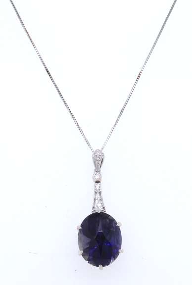 Vintage White Gold Inspired Iolite and Diamond Pendant on Chain
