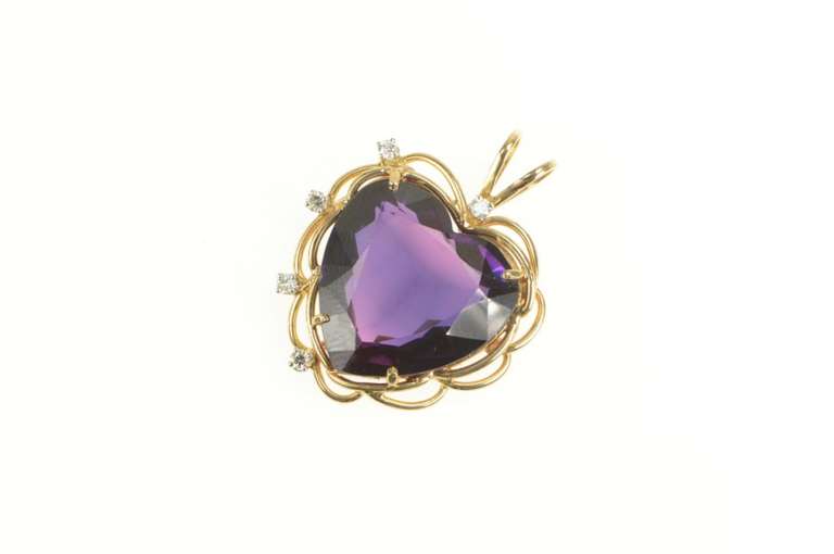 14K Yellow Gold Victorian Heart Amethyst Diamond Scalloped Pendant